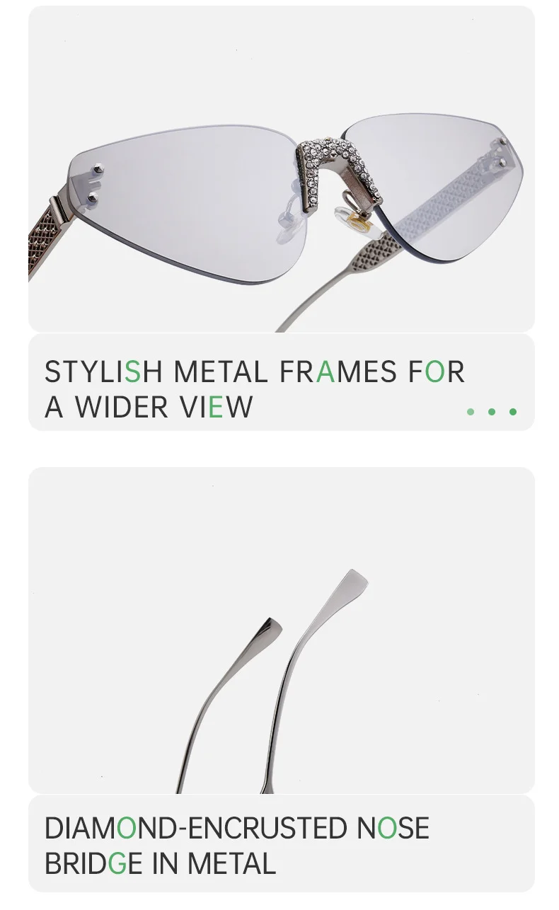 Black PC Women's Fashion Rimless Sunglasses with Rhinestones - Outdoor Street Style UV400 Shades Wholesale - Details 10