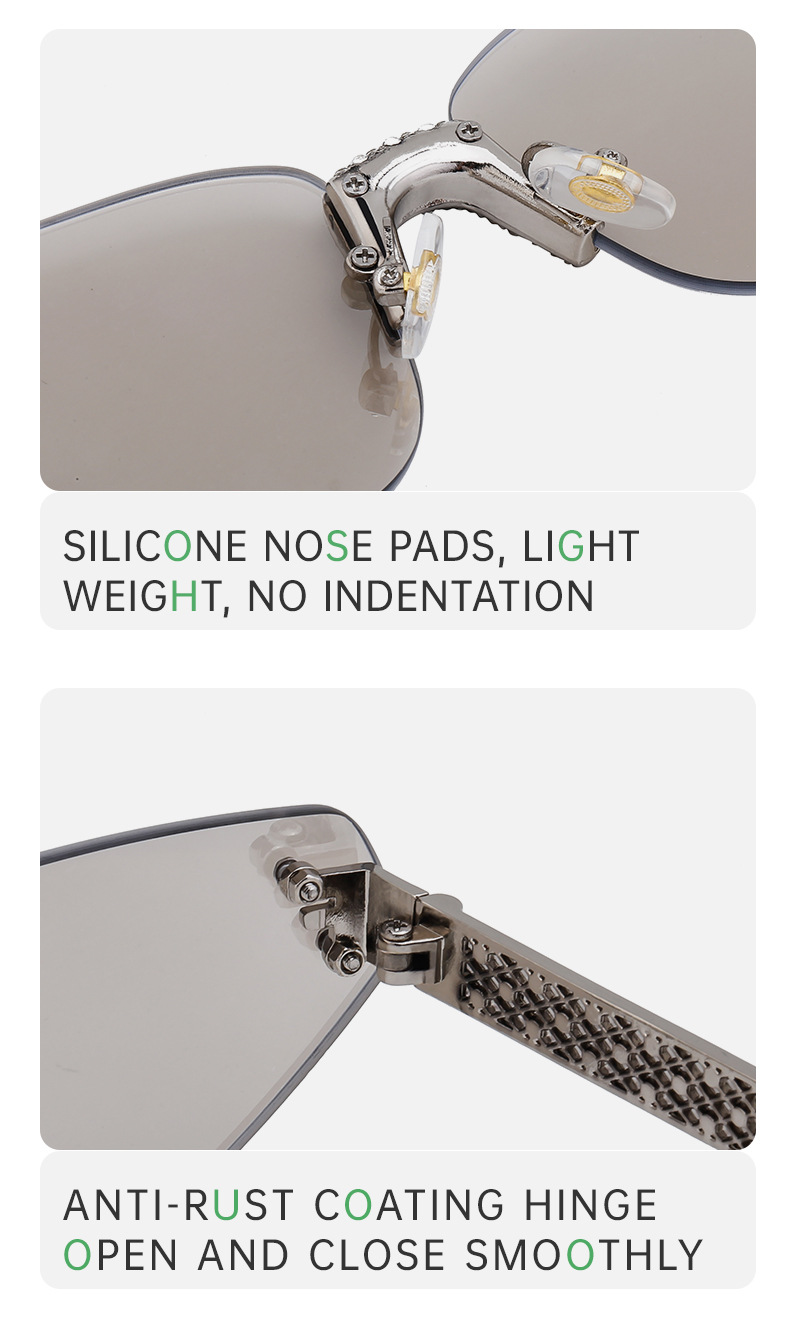 Black PC Women's Fashion Rimless Sunglasses with Rhinestones - Outdoor Street Style UV400 Shades Wholesale - Details 11