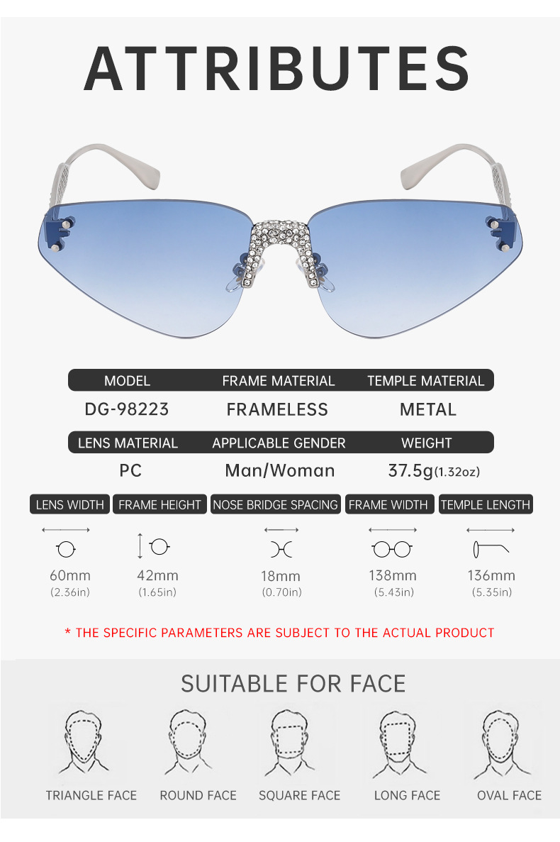 Black PC Women's Fashion Rimless Sunglasses with Rhinestones - Outdoor Street Style UV400 Shades Wholesale - Details 13