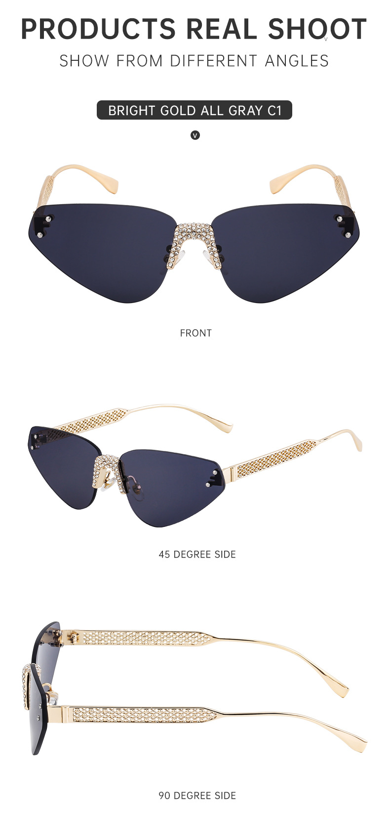Black PC Women's Fashion Rimless Sunglasses with Rhinestones - Outdoor Street Style UV400 Shades Wholesale - Details 14