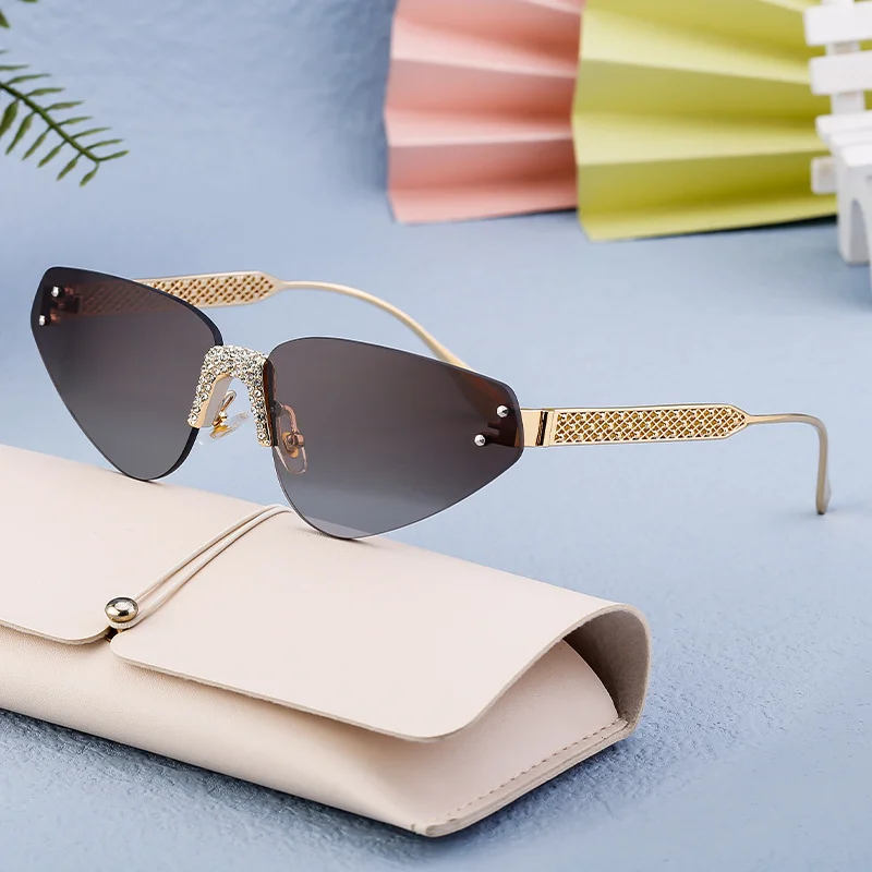 Black PC Women's Fashion Rimless Sunglasses with Rhinestones - Outdoor Street Style UV400 Shades Wholesale - View 2