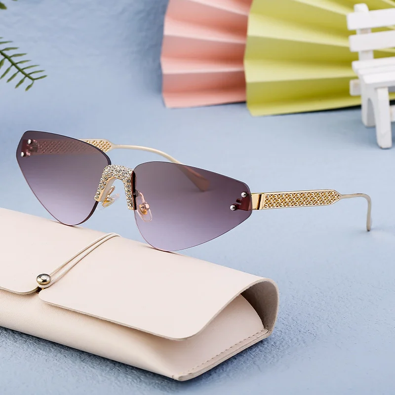 Black PC Women's Fashion Rimless Sunglasses with Rhinestones - Outdoor Street Style UV400 Shades Wholesale - View 3