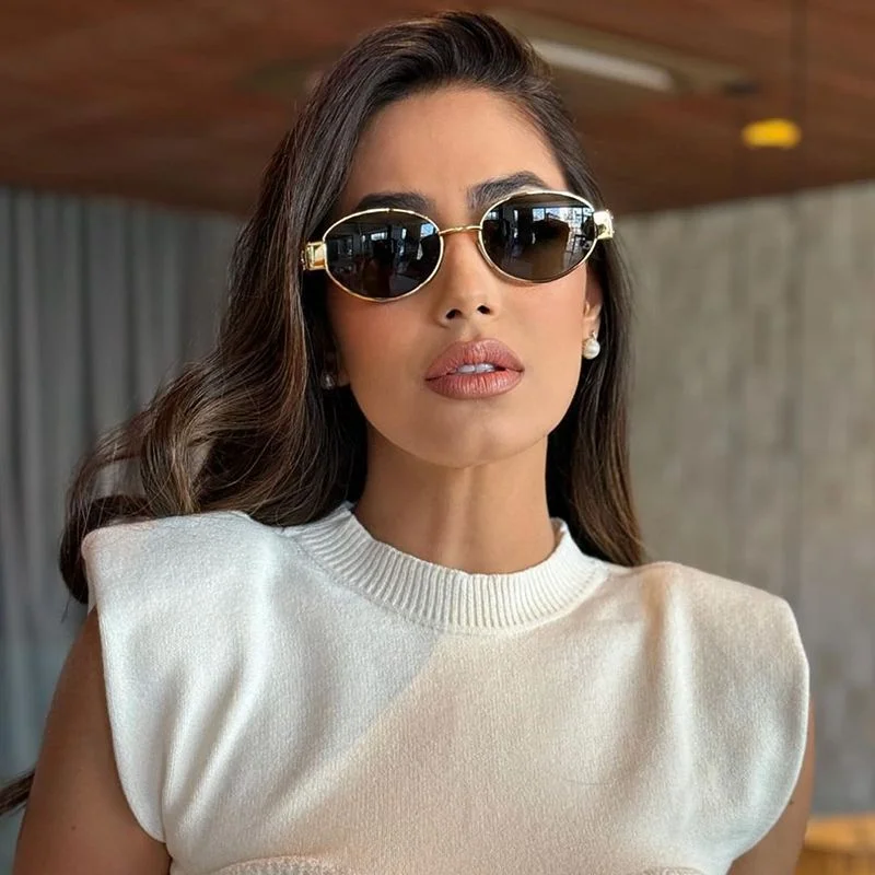Black Metal Trendy Oval Frame Sun Glasses Women - Chic Designer Style UV Protection Eyewear Bulk - Details 1