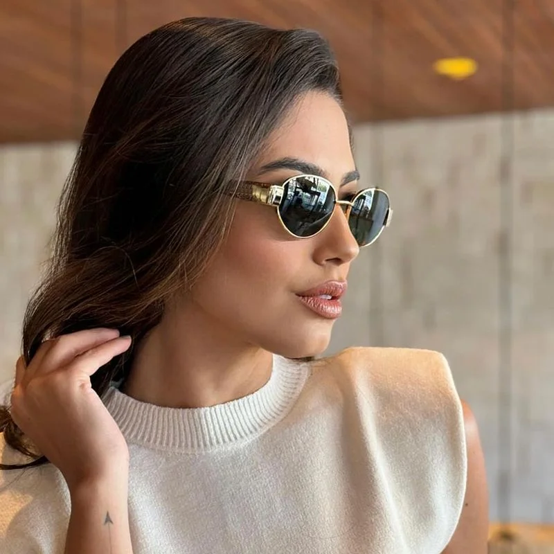 Black Metal Trendy Oval Frame Sun Glasses Women - Chic Designer Style UV Protection Eyewear Bulk - Details 2