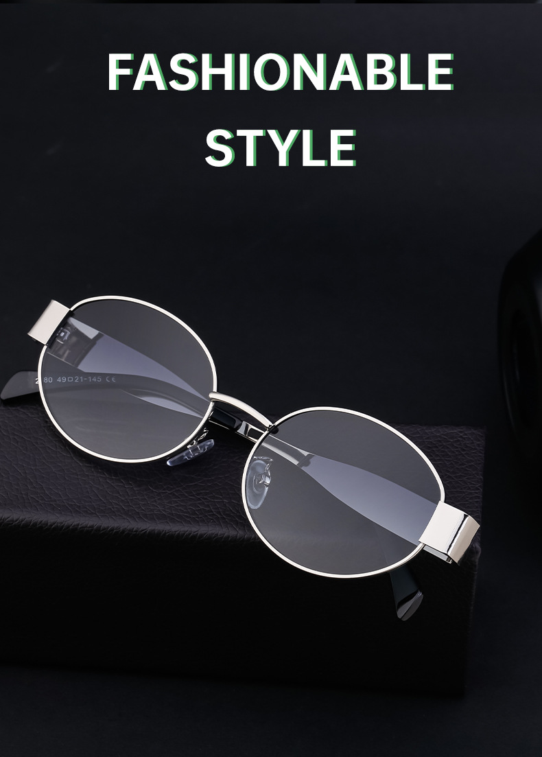 Black Metal Trendy Oval Frame Sun Glasses Women - Chic Designer Style UV Protection Eyewear Bulk - Details 5