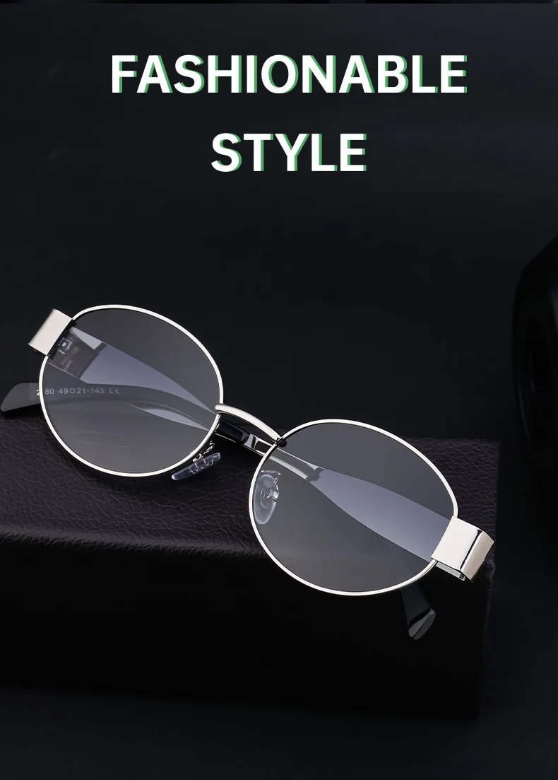Black Metal Trendy Oval Frame Sun Glasses Women - Chic Designer Style UV Protection Eyewear Bulk - Details 5
