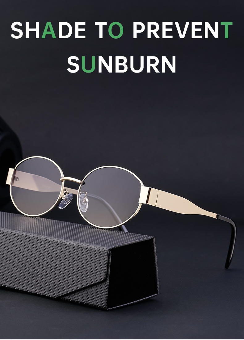Black Metal Trendy Oval Frame Sun Glasses Women - Chic Designer Style UV Protection Eyewear Bulk - Details 6