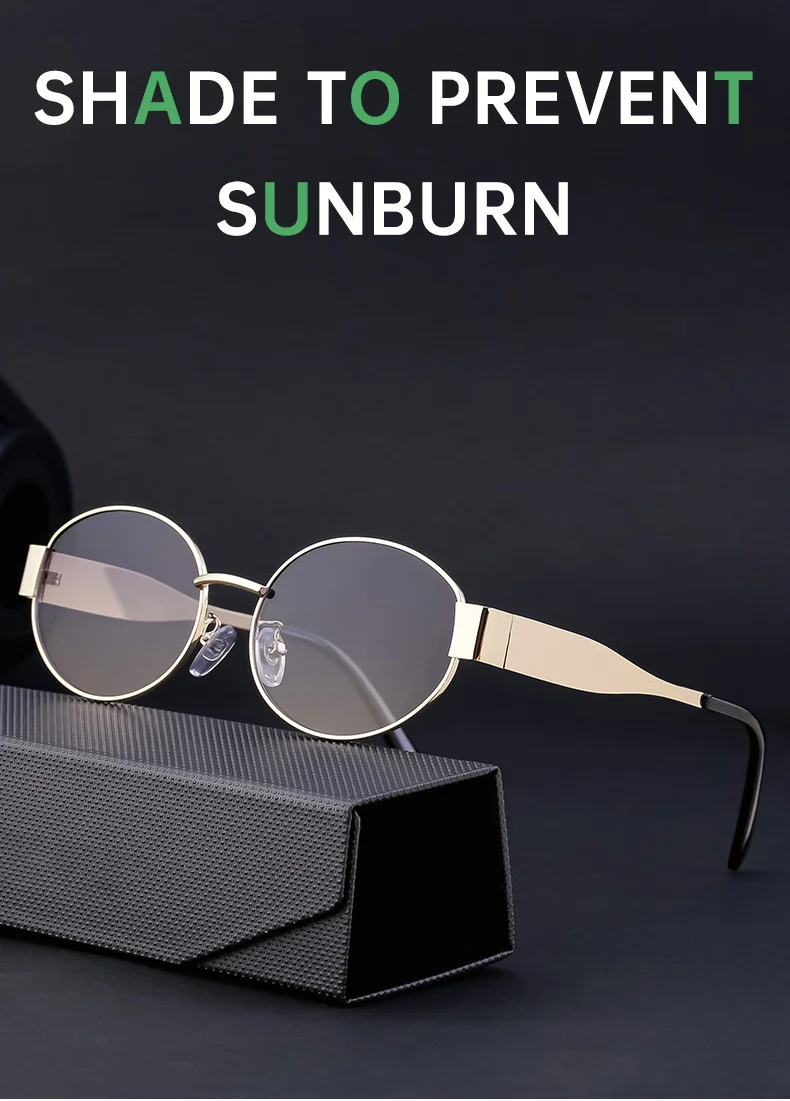 Black Metal Trendy Oval Frame Sun Glasses Women - Chic Designer Style UV Protection Eyewear Bulk - Details 6