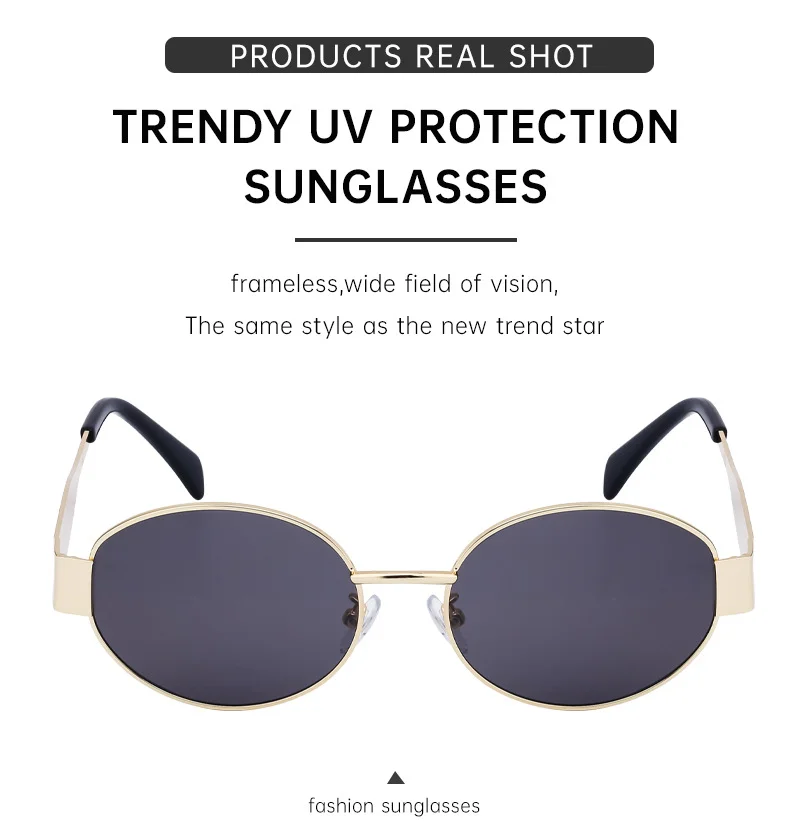 Black Metal Trendy Oval Frame Sun Glasses Women - Chic Designer Style UV Protection Eyewear Bulk - Details 9