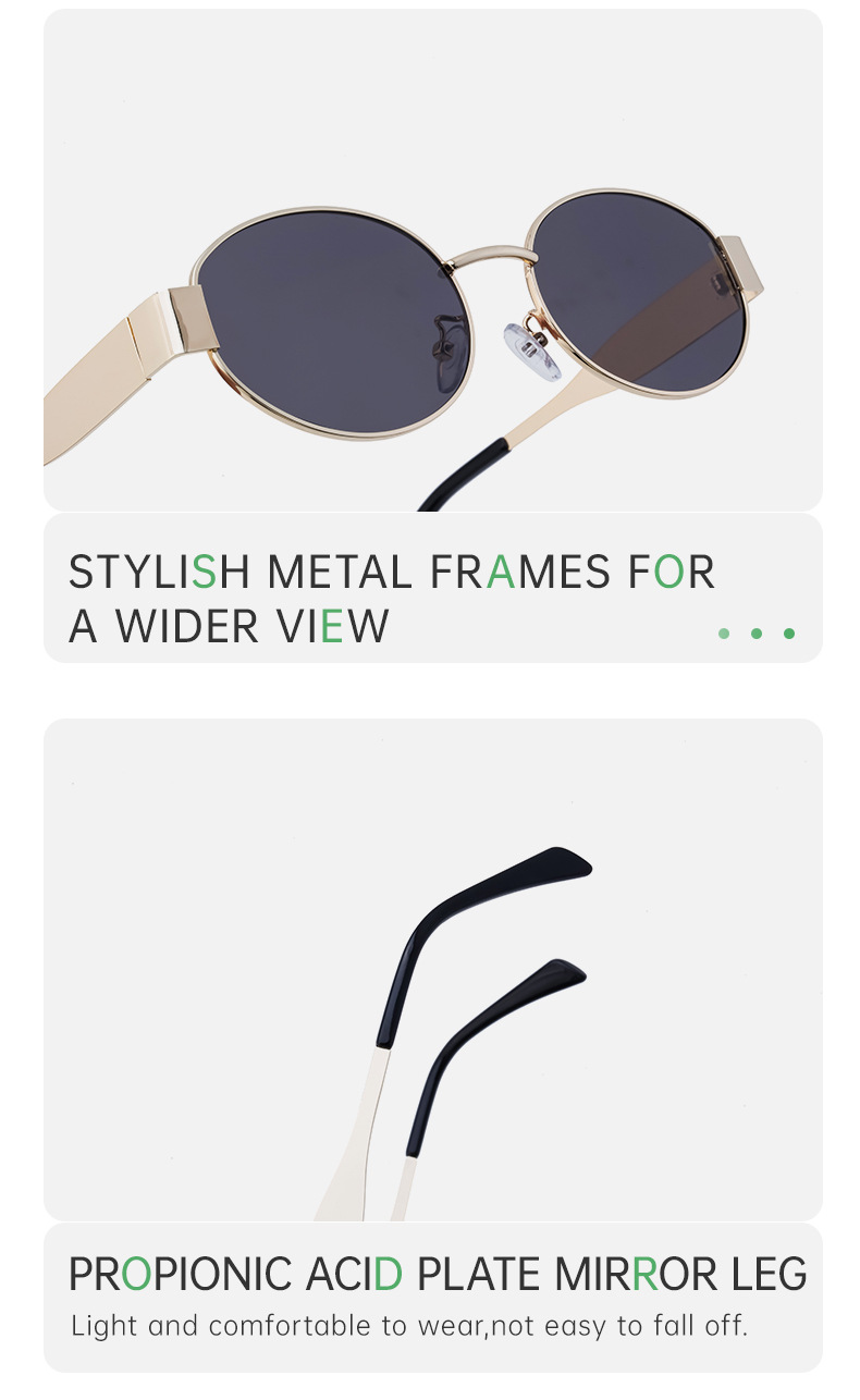 Black Metal Trendy Oval Frame Sun Glasses Women - Chic Designer Style UV Protection Eyewear Bulk - Details 10