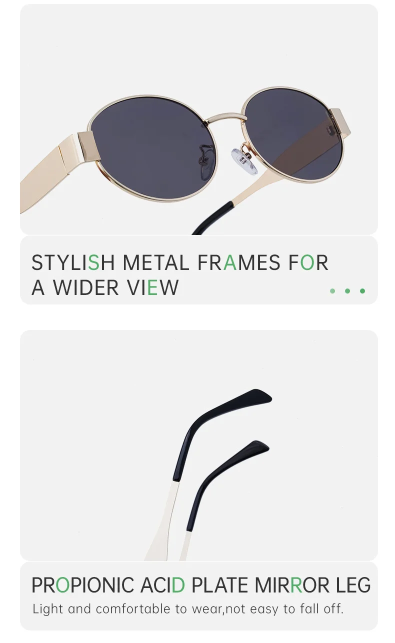 Black Metal Trendy Oval Frame Sun Glasses Women - Chic Designer Style UV Protection Eyewear Bulk - Details 10