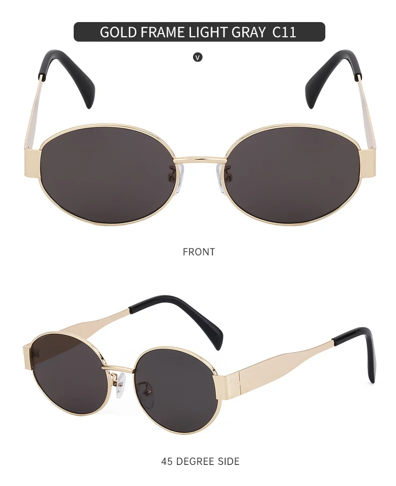 Black Metal Trendy Oval Frame Sun Glasses Women - Chic Designer Style UV Protection Eyewear Bulk - Details 15