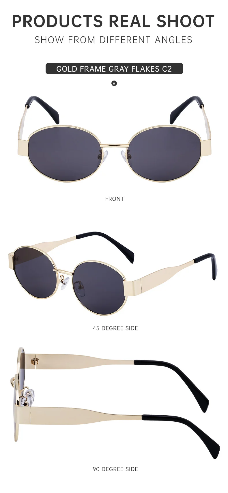 Black Metal Trendy Oval Frame Sun Glasses Women - Chic Designer Style UV Protection Eyewear Bulk - Details 19