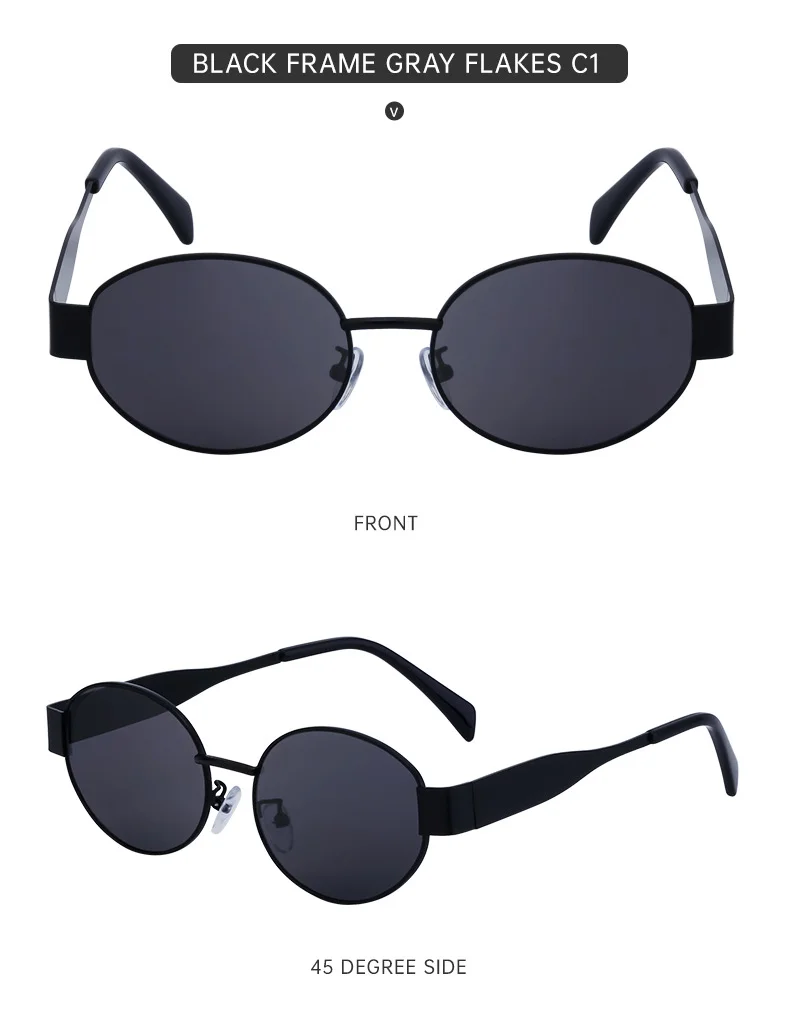 Black Metal Trendy Oval Frame Sun Glasses Women - Chic Designer Style UV Protection Eyewear Bulk - Details 20