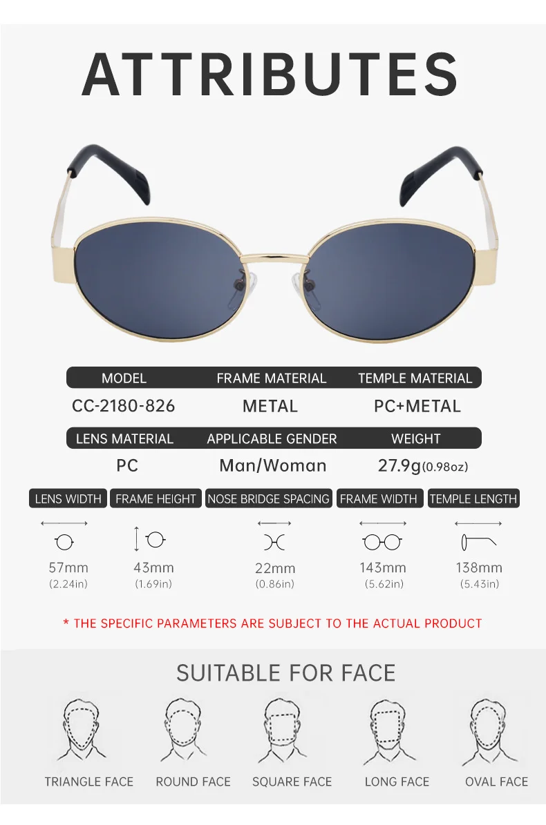 Black Metal Trendy Oval Frame Sun Glasses Women - Chic Designer Style UV Protection Eyewear Bulk - Details 29