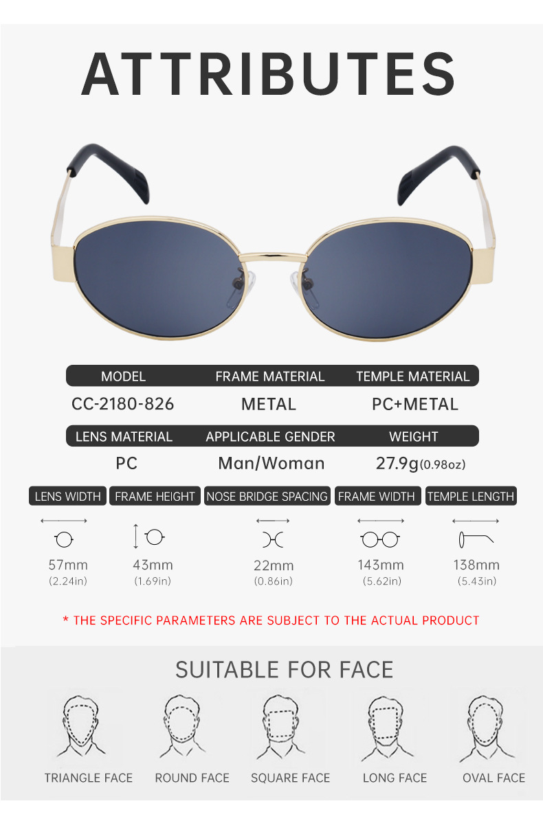Black Metal Trendy Oval Frame Sun Glasses Women - Chic Designer Style UV Protection Eyewear Bulk - Details 30