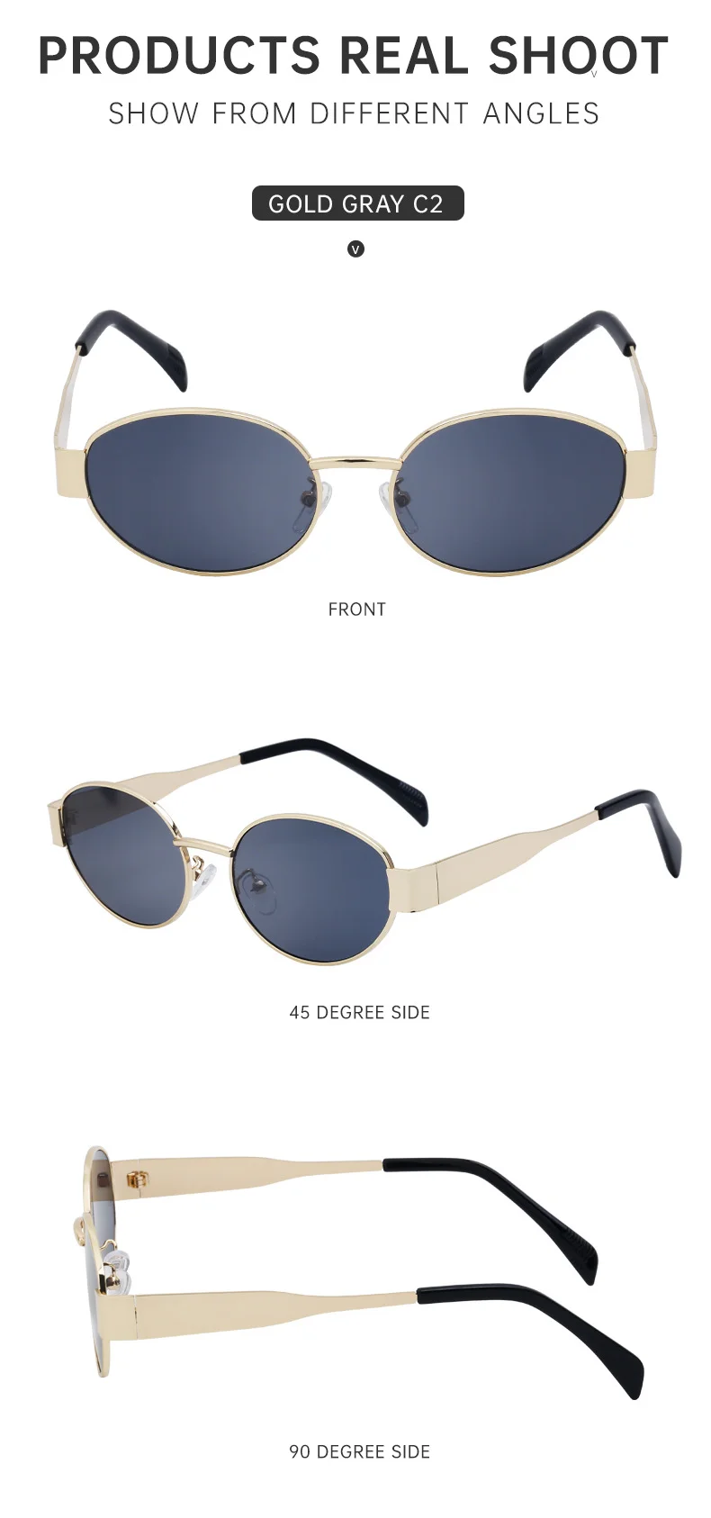 Black Metal Trendy Oval Frame Sun Glasses Women - Chic Designer Style UV Protection Eyewear Bulk - Details 32