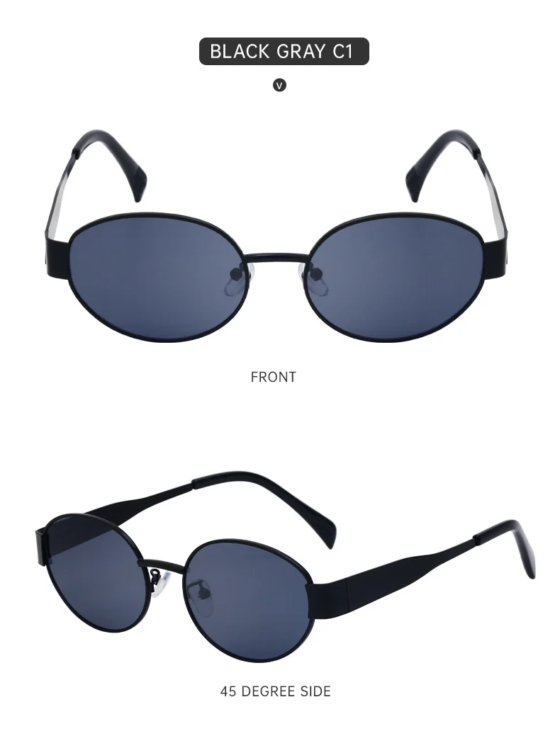Black Metal Trendy Oval Frame Sun Glasses Women - Chic Designer Style UV Protection Eyewear Bulk - Details 34