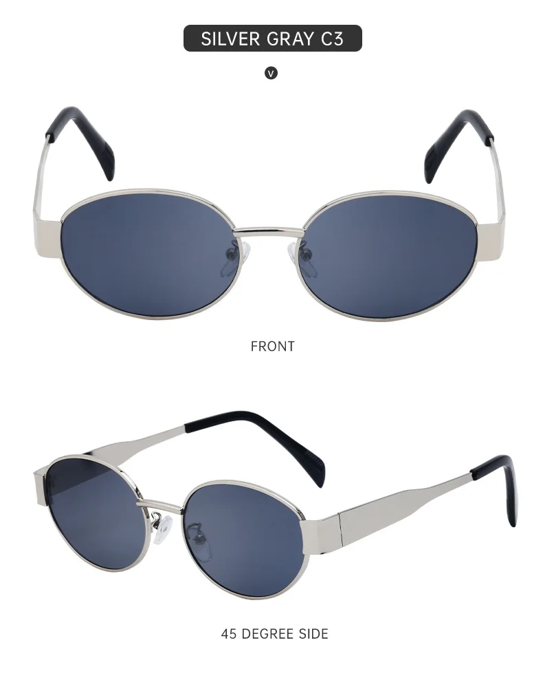 Black Metal Trendy Oval Frame Sun Glasses Women - Chic Designer Style UV Protection Eyewear Bulk - Details 35