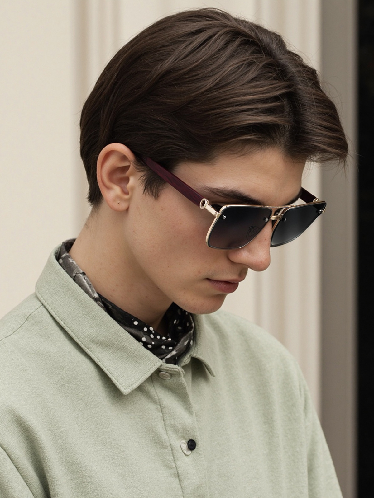 Black PC Men's Square Rimless Sunglasses - Faux Wood Temple Trendy Sun Glasses Wholesale - Details 1