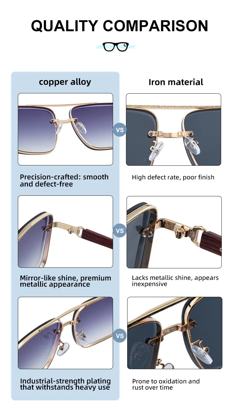 Black PC Men's Square Rimless Sunglasses - Faux Wood Temple Trendy Sun Glasses Wholesale - Details 2