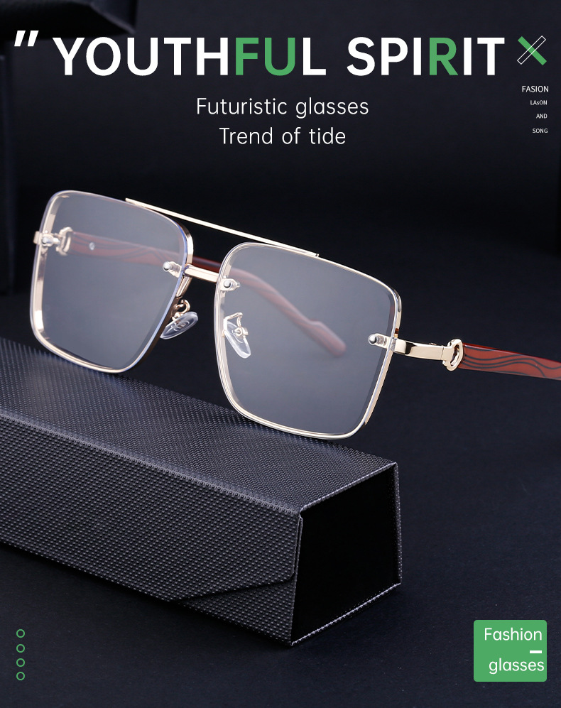 Black PC Men's Square Rimless Sunglasses - Faux Wood Temple Trendy Sun Glasses Wholesale - Details 3