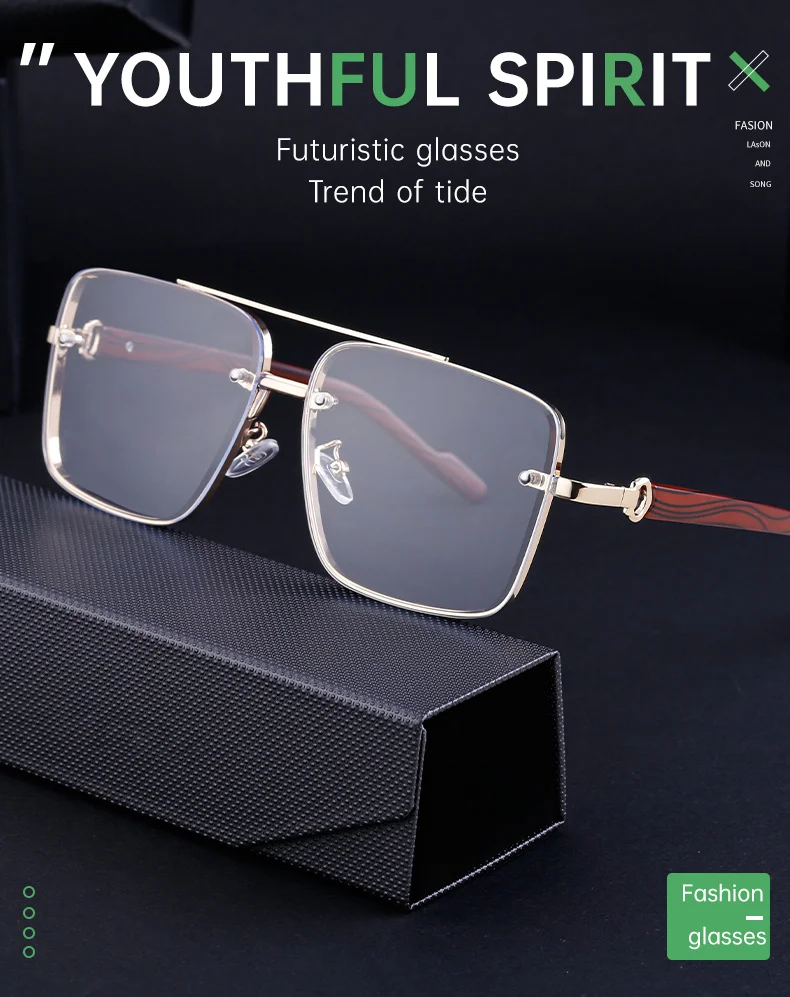 Black PC Men's Square Rimless Sunglasses - Faux Wood Temple Trendy Sun Glasses Wholesale - Details 3