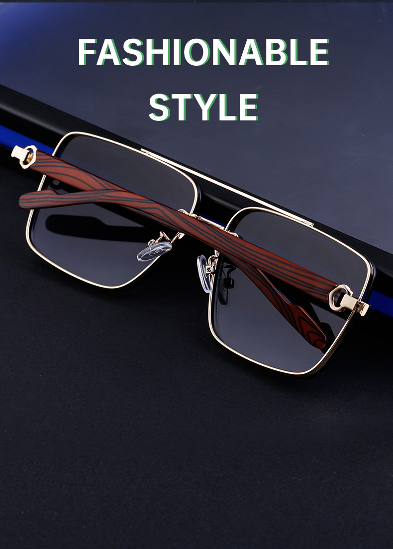 Black PC Men's Square Rimless Sunglasses - Faux Wood Temple Trendy Sun Glasses Wholesale - Details 4