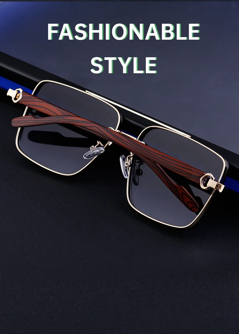 Black PC Men's Square Rimless Sunglasses - Faux Wood Temple Trendy Sun Glasses Wholesale - Details 4