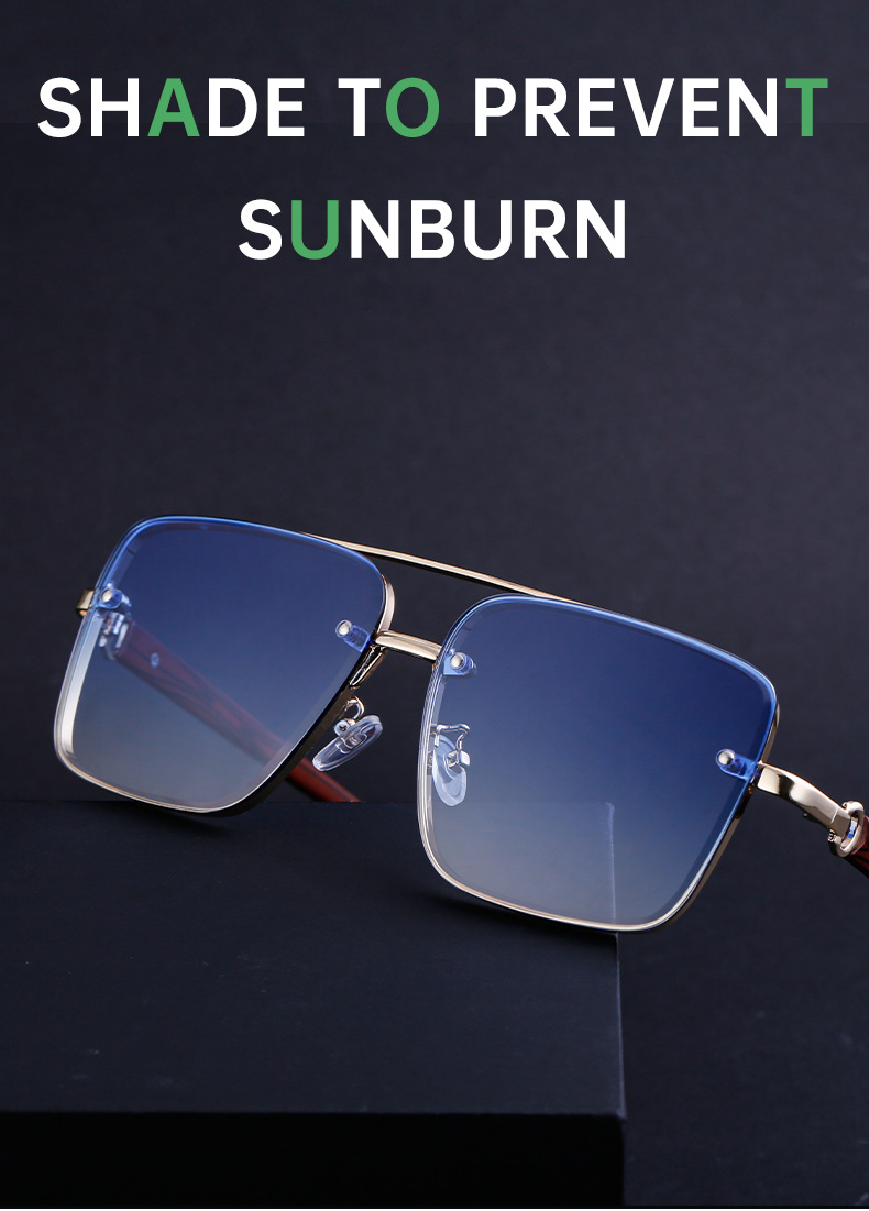 Black PC Men's Square Rimless Sunglasses - Faux Wood Temple Trendy Sun Glasses Wholesale - Details 5