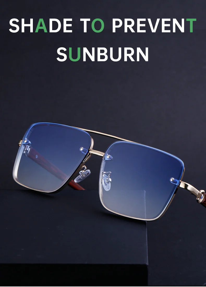 Black PC Men's Square Rimless Sunglasses - Faux Wood Temple Trendy Sun Glasses Wholesale - Details 5