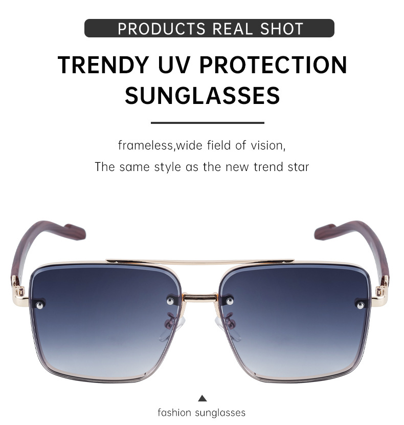 Black PC Men's Square Rimless Sunglasses - Faux Wood Temple Trendy Sun Glasses Wholesale - Details 8