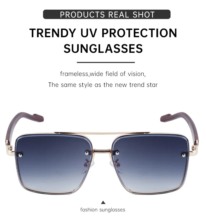 Black PC Men's Square Rimless Sunglasses - Faux Wood Temple Trendy Sun Glasses Wholesale - Details 8