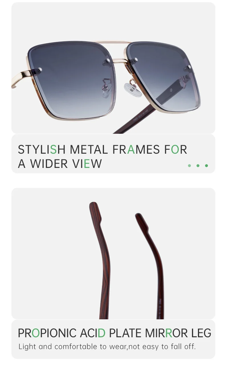 Black PC Men's Square Rimless Sunglasses - Faux Wood Temple Trendy Sun Glasses Wholesale - Details 9