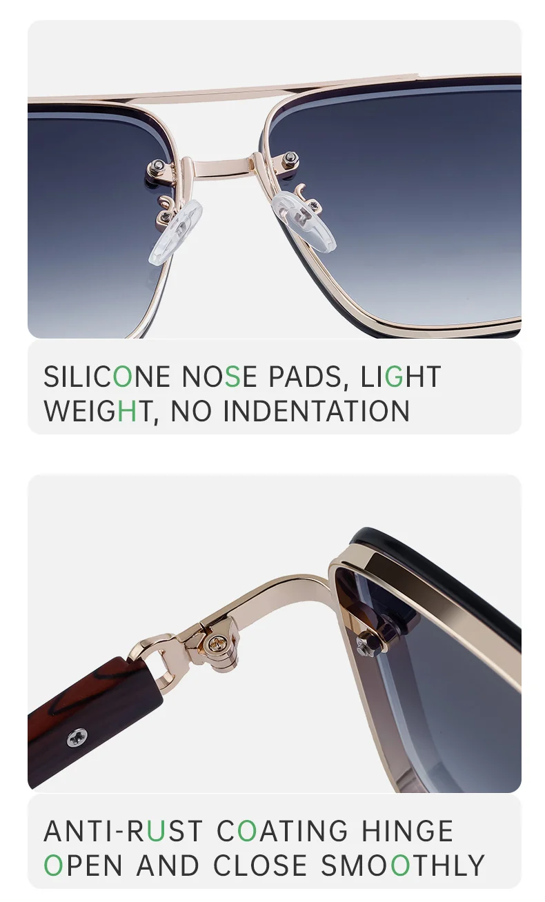 Black PC Men's Square Rimless Sunglasses - Faux Wood Temple Trendy Sun Glasses Wholesale - Details 10