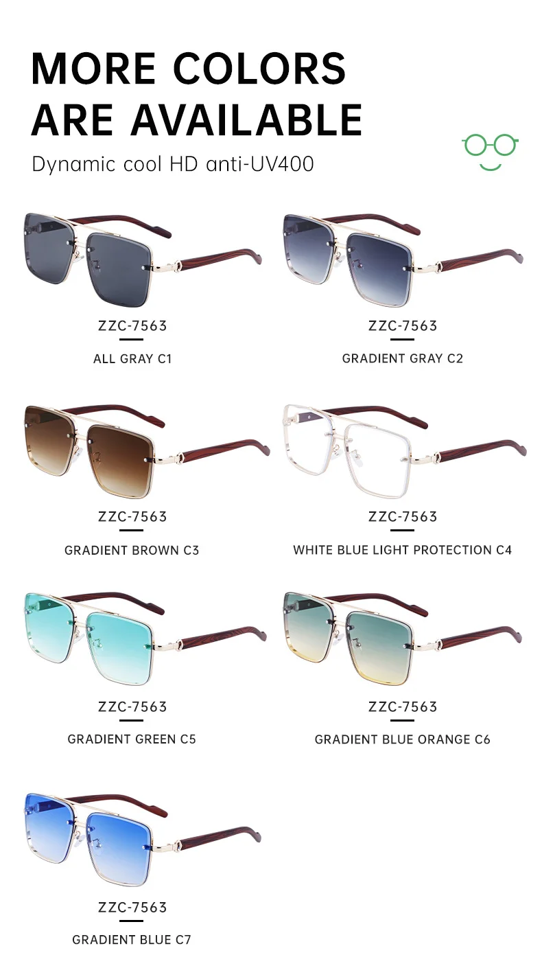 Black PC Men's Square Rimless Sunglasses - Faux Wood Temple Trendy Sun Glasses Wholesale - Details 11