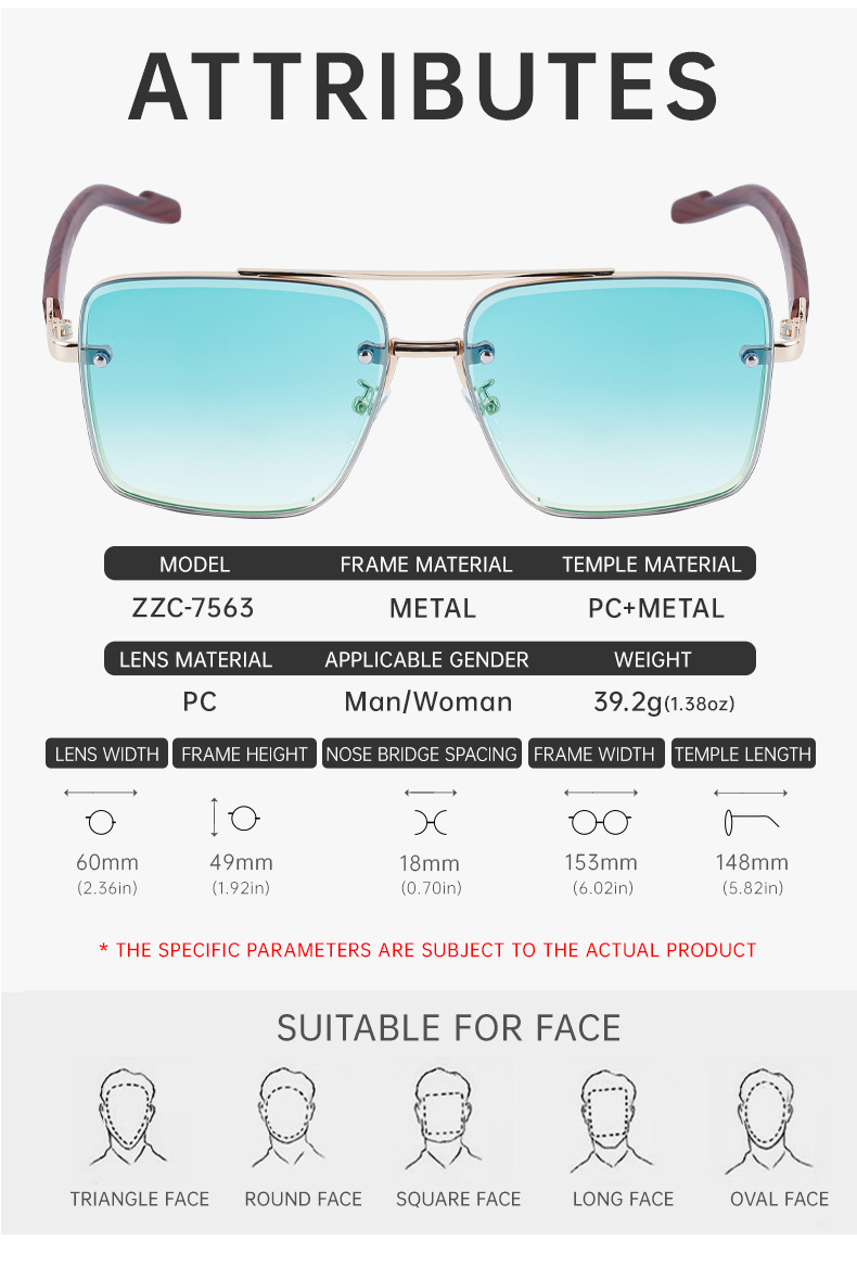Black PC Men's Square Rimless Sunglasses - Faux Wood Temple Trendy Sun Glasses Wholesale - Details 12