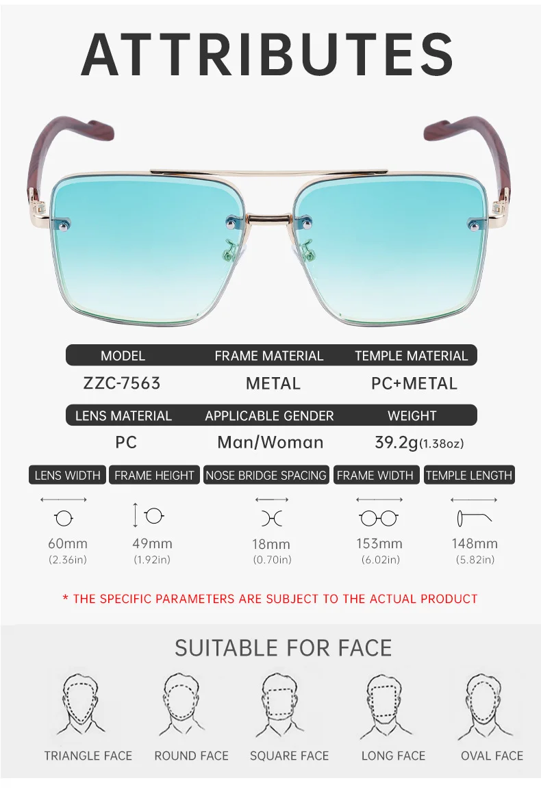 Black PC Men's Square Rimless Sunglasses - Faux Wood Temple Trendy Sun Glasses Wholesale - Details 12