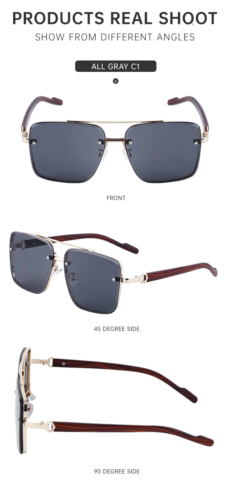 Black PC Men's Square Rimless Sunglasses - Faux Wood Temple Trendy Sun Glasses Wholesale - Details 13