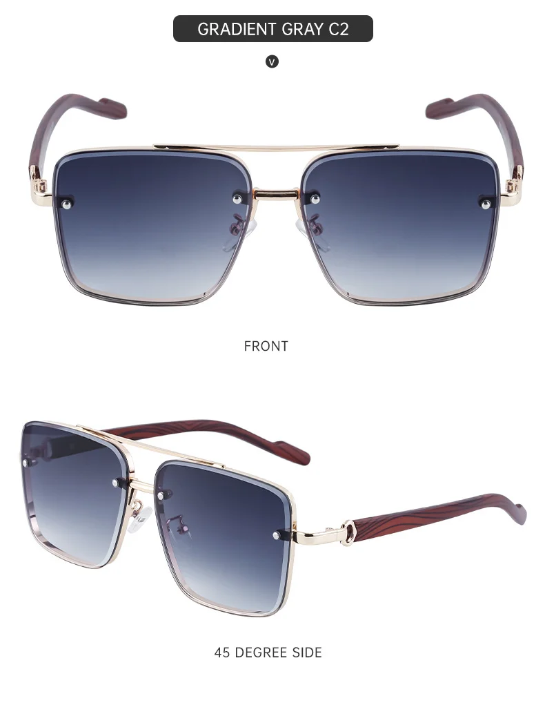 Black PC Men's Square Rimless Sunglasses - Faux Wood Temple Trendy Sun Glasses Wholesale - Details 14