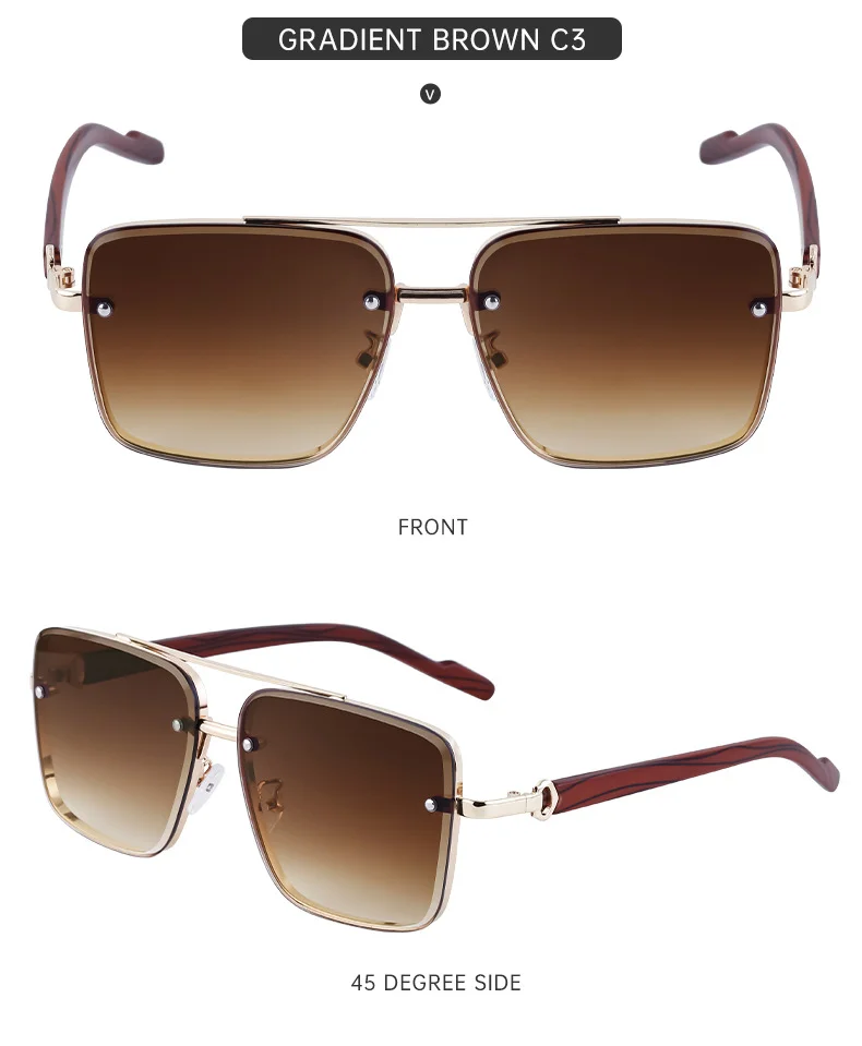 Black PC Men's Square Rimless Sunglasses - Faux Wood Temple Trendy Sun Glasses Wholesale - Details 15