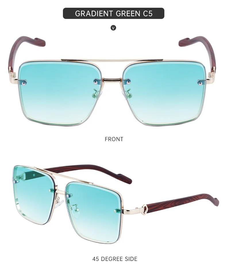 Black PC Men's Square Rimless Sunglasses - Faux Wood Temple Trendy Sun Glasses Wholesale - Details 17