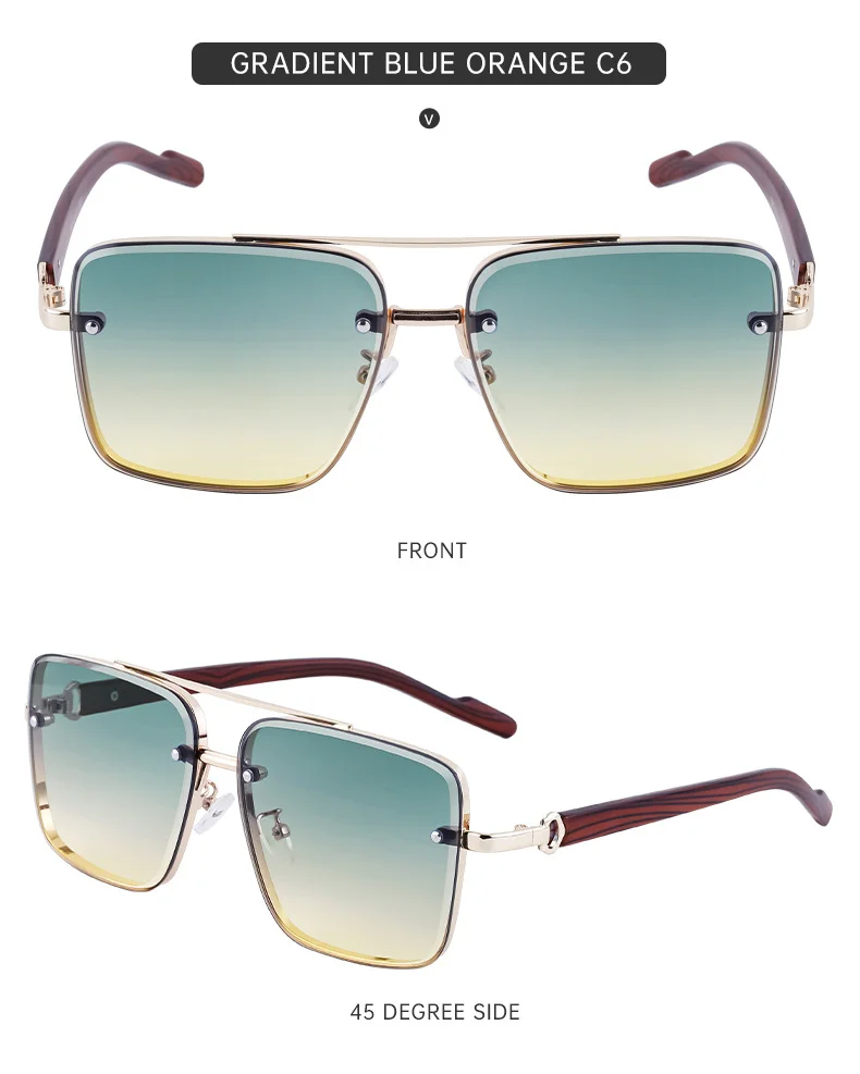 Black PC Men's Square Rimless Sunglasses - Faux Wood Temple Trendy Sun Glasses Wholesale - Details 18