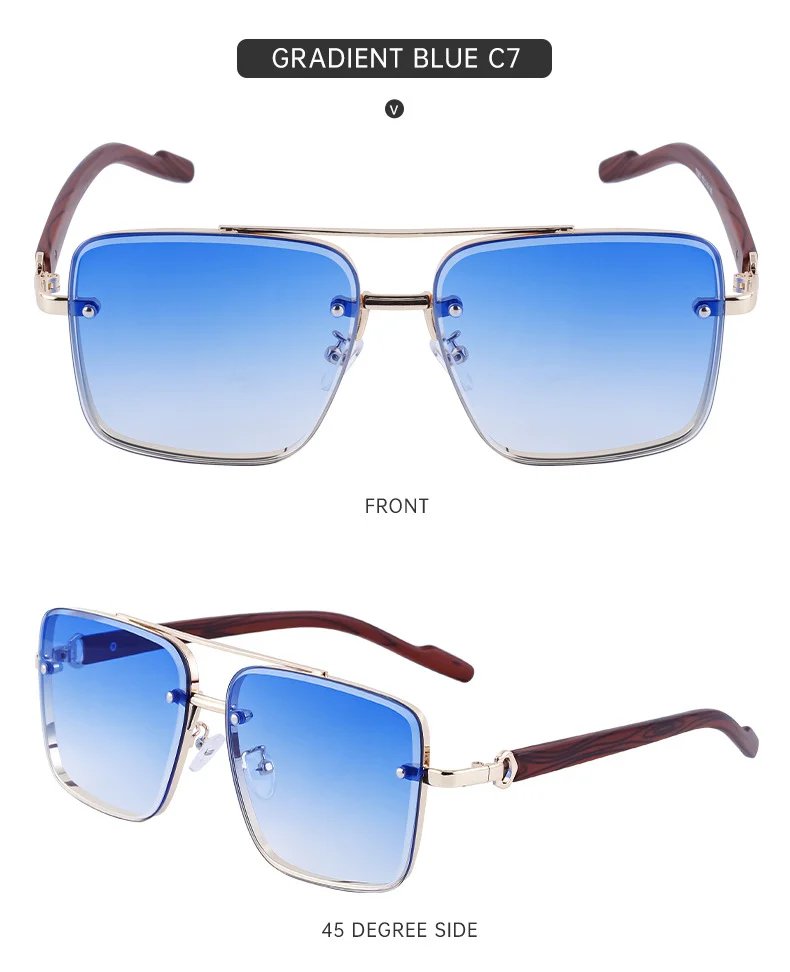 Black PC Men's Square Rimless Sunglasses - Faux Wood Temple Trendy Sun Glasses Wholesale - Details 19
