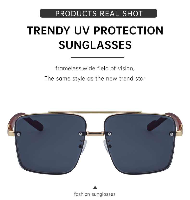 Black PC Men's Square Rimless Sunglasses - Faux Wood Temple Trendy Sun Glasses Wholesale - Details 20