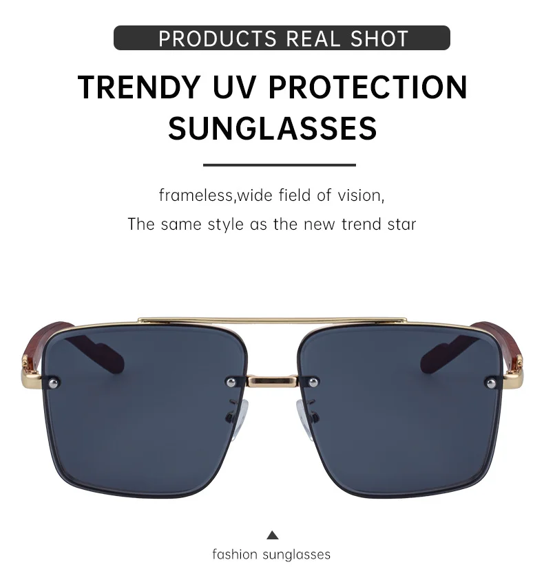 Black PC Men's Square Rimless Sunglasses - Faux Wood Temple Trendy Sun Glasses Wholesale - Details 20