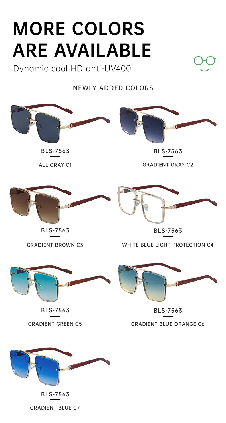Black PC Men's Square Rimless Sunglasses - Faux Wood Temple Trendy Sun Glasses Wholesale - Details 21