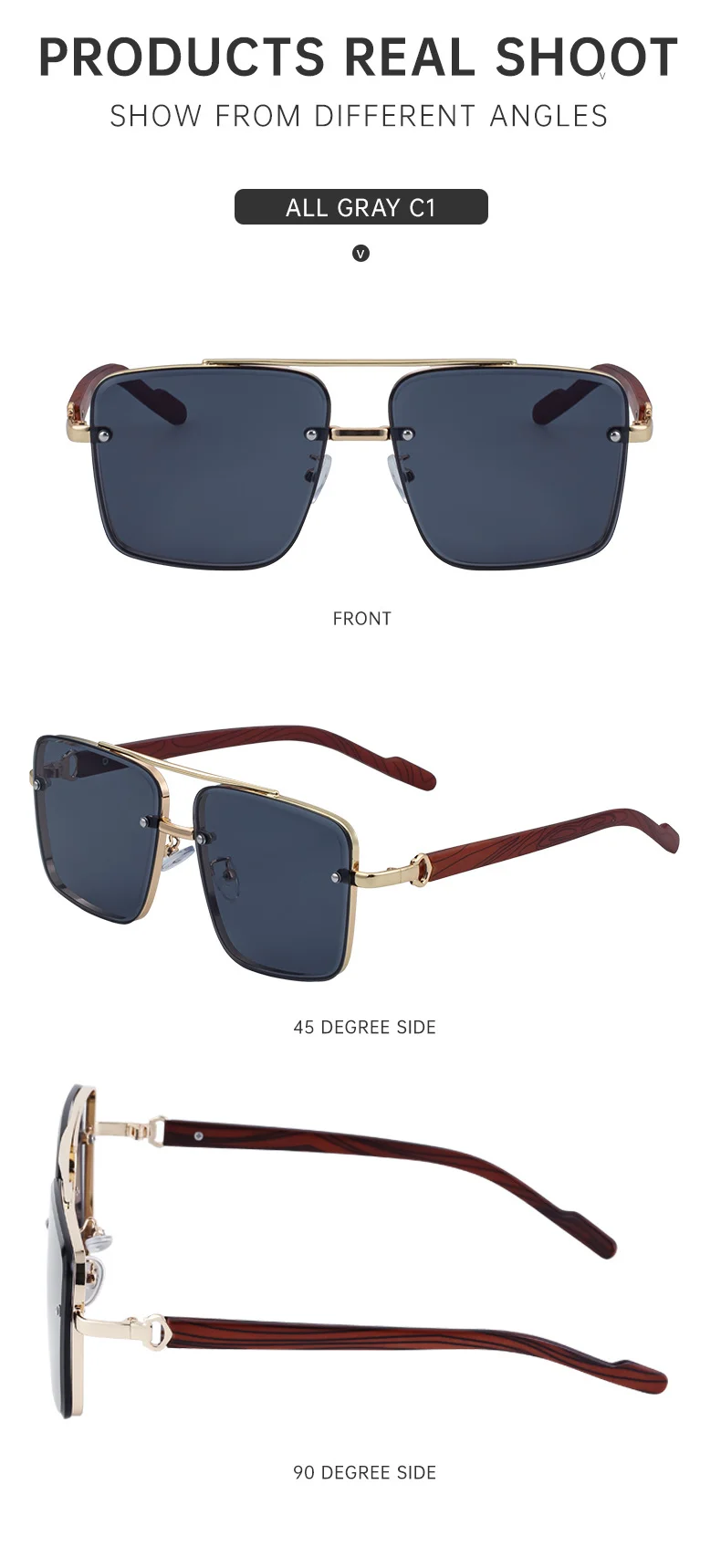 Black PC Men's Square Rimless Sunglasses - Faux Wood Temple Trendy Sun Glasses Wholesale - Details 23