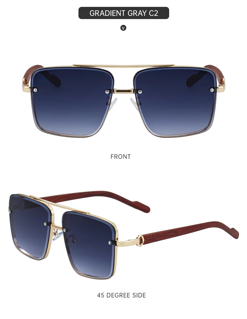 Black PC Men's Square Rimless Sunglasses - Faux Wood Temple Trendy Sun Glasses Wholesale - Details 24