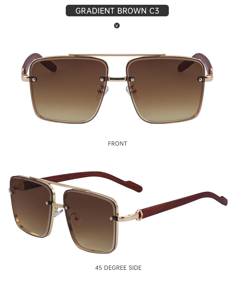 Black PC Men's Square Rimless Sunglasses - Faux Wood Temple Trendy Sun Glasses Wholesale - Details 25